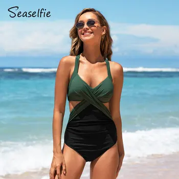 SEASELFIE Gurni Olive Crni Colorblock jednodelni Kostim Za Žene Seksi Isjekla Monokini Kostima 2023 Devojka Plaži Kupaći Kostim
