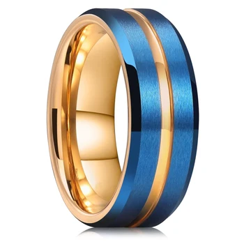 Mode 8mm Zlatne Boje Ritam Izgladjen Ivice Volfram vjenčano Prstenje Za Muškarce Plavi Oprala Čelični Prsten Ljudi je Vjenčani prsten