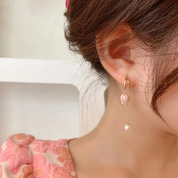 2022 Pridošlice Roze Tulipana Privjeskom Pearl Minđuše za Žene korejski Elegantan Cvijet Naušnice Venčanje Nakit Dan zaljubljenih Dar