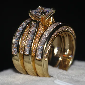 Vecalon Mode 3-na-1 Ženama prsten Princezom 7mm AAAAA Cirkon cz Žute Zlato 925 Srebrni vjenčani prsten prsten Postavio