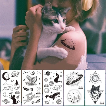 Sladak Mali Privremene Tetovaže Naljepnice Crni Prostor Životinja Mjesec Mačka Kit Ptice Tetovažu Obrazac Vode Prijenos Ruku Prst Tetovaže