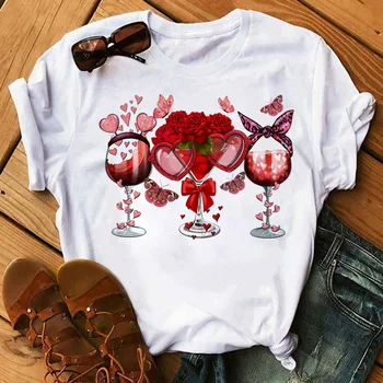 Tri Čaše za Vino Crveni Ljubav Srce Rose Otisak Novu Modnu Žene majicu Kratkih Rukava Najviše Žena Ljeto Grafički Majicu Cloting