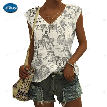 Žene Mode Top Ljeto V Vrat Vrhu Disney Minnie Mickey Mouse otisak majicu Opušteno Prsluk Vrhu Dame Slobodi Majice bez rukava