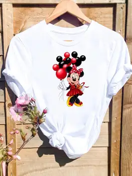 Disney Kratki Rukav Balon Trend Sladak Crtani Odjeću Opušteno Majicu Mickey Mouse Žene Otisak Mode Grafički majice
