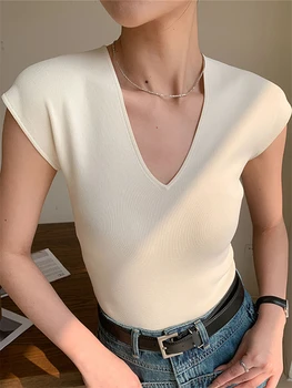 Isplela majice Žene Ljeto 2023 Novog Stila korejski V-izrez Kratki Rukav Osnovne Seksi Najviše Čvrst Elegantan Mode Žena Slim Tisa