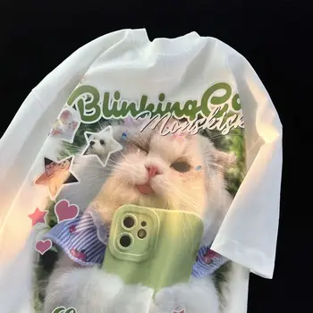 Ljeto 2023 nove Japanske retro slatka maca kratke rukave majicu žena slobodi lijeni vjetar slatko kul student najviše y2k ženske odeće