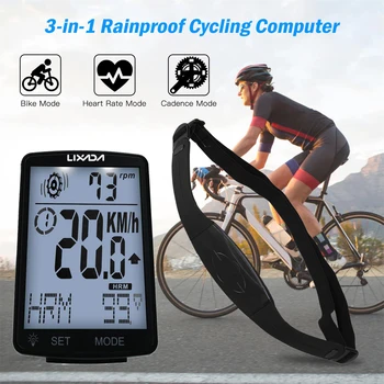 LIXADA Bežični Bicikl Kompjuter 3 u 1 Više Funkcionalan LCD Ekran IPX7 Vodootporne sa Srca Senzor Biciklizma Brojač