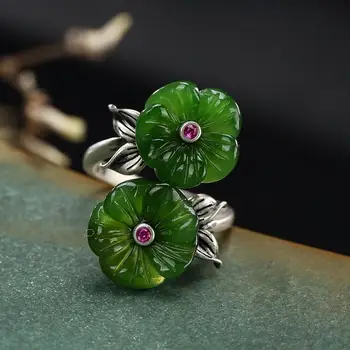 Novi Silver Originalni Ukrasima Prirodni Hetian Jade Duplo-krenuo Plam Cvijet Retro Kineski Stil Otvori Prilagodljiva Ženama Prsten