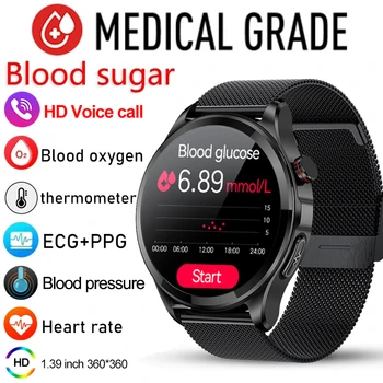 Zdravo Tijelo Temperatura Pametan Satove Ljudi Bluetooth Poziv 360*360 HD Ekran Sportski Srca Šećer u Krvi Smartwatch Za Android