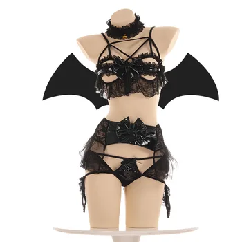 Seksi Čipke Palicom Donje Rublje Pu Kože Malog Demona Žene Đavo Ludaca Bikini Otvori Kup Grudnjak Set Lolita Animaciju Krila Egzotične Oblačenja