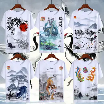 Kineski stil kratkog rukave Otisak T Majice zodijak pejzaž zmaja uniseks rundu vrat majicu Streetwear Osnovne Najviše Ljeto