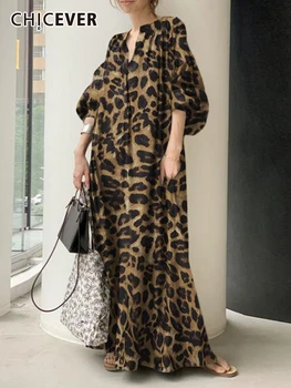 CHICEVER Leopard Otisak Puff Rukav Haljinu Za Ženu v vrat puff rukav slobodi colorblock dugo haljine ženske odjeće 2022 stil