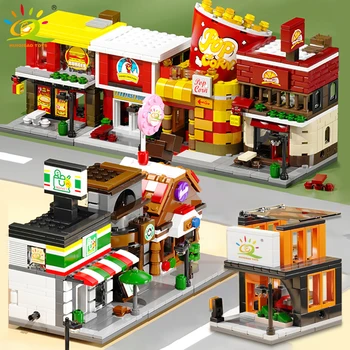 HUIQIBAO Gradske Ulice Pogled Prodavnicu Niz Blok MCP Kafu Burger Radnju Kuće Modela Kreativni Cigle Set Igračaka Klinac