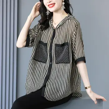 Stila sa kapuljacom Dugme da se Spoje Slobodi Dijamante Prugastu Majicu žensku Odjeću 2023 Proljeće Novi Prevelike Opušteno Najviše korejski Bluzu